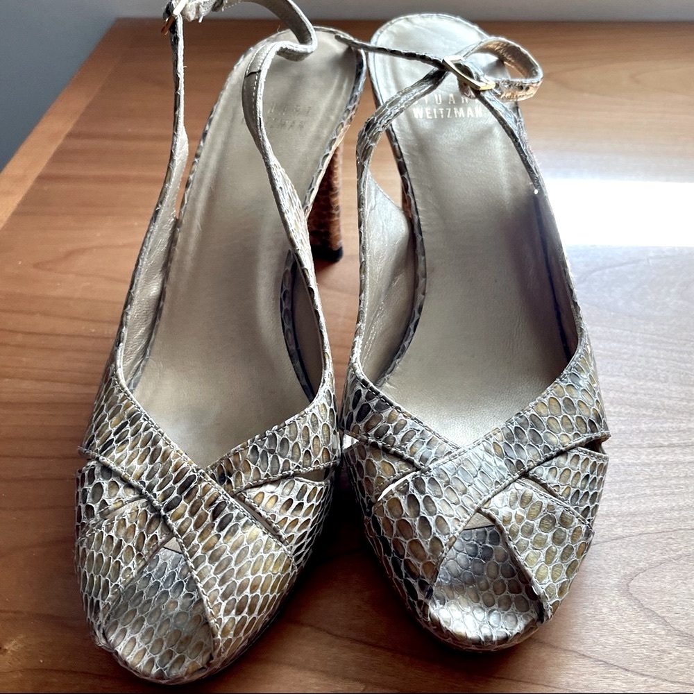 Stuart Weitzman Faux Snakeskin Slingback Open Toe Heels, size 8